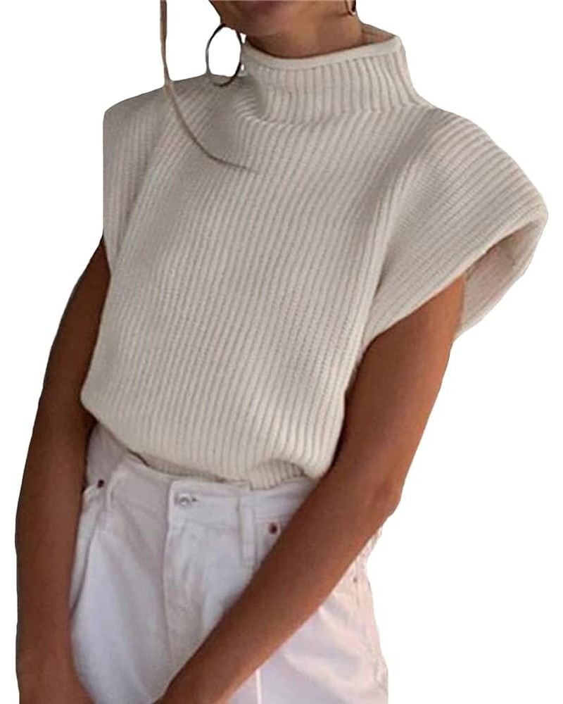 Women Sleeveless Shoulder Pad Knit Sweater Vest High Neck Cap Sleeve Casual Solid Knitted Pullover Tank Top Apricot $12.04 Sw...