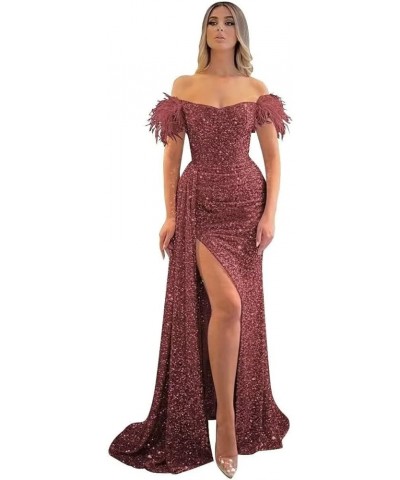 Mermaid Prom Dresses for Women 2023 Sparkly Sequin Formal Dress Off Shoulder Feather Evening Gown Wine Red $34.00 Dresses