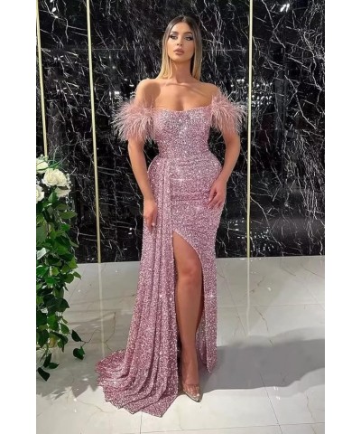 Mermaid Prom Dresses for Women 2023 Sparkly Sequin Formal Dress Off Shoulder Feather Evening Gown Wine Red $34.00 Dresses