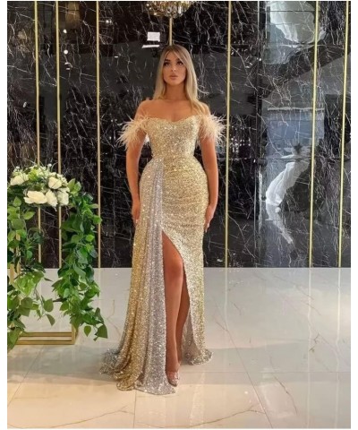 Mermaid Prom Dresses for Women 2023 Sparkly Sequin Formal Dress Off Shoulder Feather Evening Gown Wine Red $34.00 Dresses