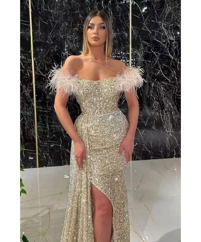 Mermaid Prom Dresses for Women 2023 Sparkly Sequin Formal Dress Off Shoulder Feather Evening Gown Wine Red $34.00 Dresses