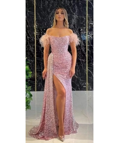 Mermaid Prom Dresses for Women 2023 Sparkly Sequin Formal Dress Off Shoulder Feather Evening Gown Wine Red $34.00 Dresses