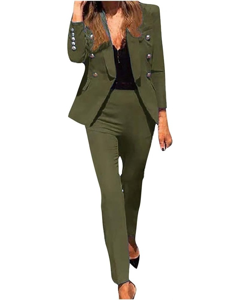 Solid Blazer Jackets Elegant Business Suit 2 Piece Outfits Sets Long Sleeve Cardigan Coat and Pants Trousers for Women Army G...