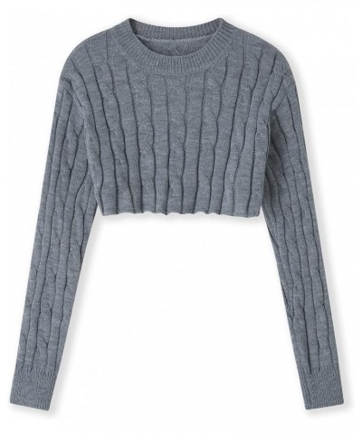 Women Y2k Crochet Knit Sweater Round Neck Long Sleeve Pullover Cropped Tops Vintage Casual Knitwear Streetwear Gray Rib $9.24...