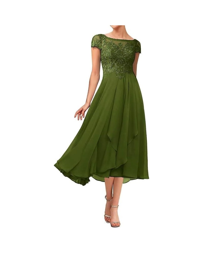 Mother of The Bride Dresses Lace Ruffles Tea Length Mother of The Groom Dresses Scoop Cap Sleeve Olive $38.88 Dresses