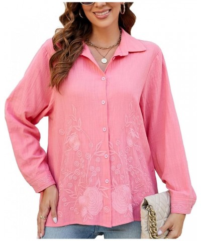 Embroidered Button Down Shirts for Women Casual Long Sleeve Tunic Top Mexican Boho Embroidered top Loose Fall Blouse 710-pink...