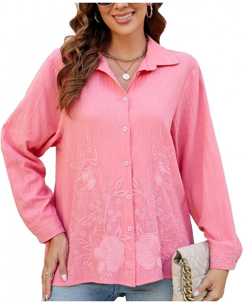 Embroidered Button Down Shirts for Women Casual Long Sleeve Tunic Top Mexican Boho Embroidered top Loose Fall Blouse 710-pink...