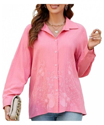 Embroidered Button Down Shirts for Women Casual Long Sleeve Tunic Top Mexican Boho Embroidered top Loose Fall Blouse 710-pink...