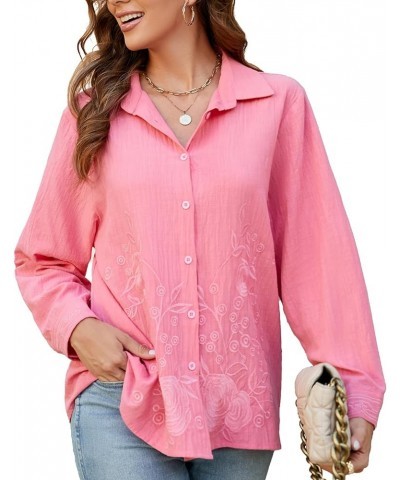 Embroidered Button Down Shirts for Women Casual Long Sleeve Tunic Top Mexican Boho Embroidered top Loose Fall Blouse 710-pink...