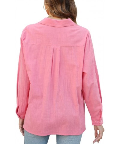 Embroidered Button Down Shirts for Women Casual Long Sleeve Tunic Top Mexican Boho Embroidered top Loose Fall Blouse 710-pink...