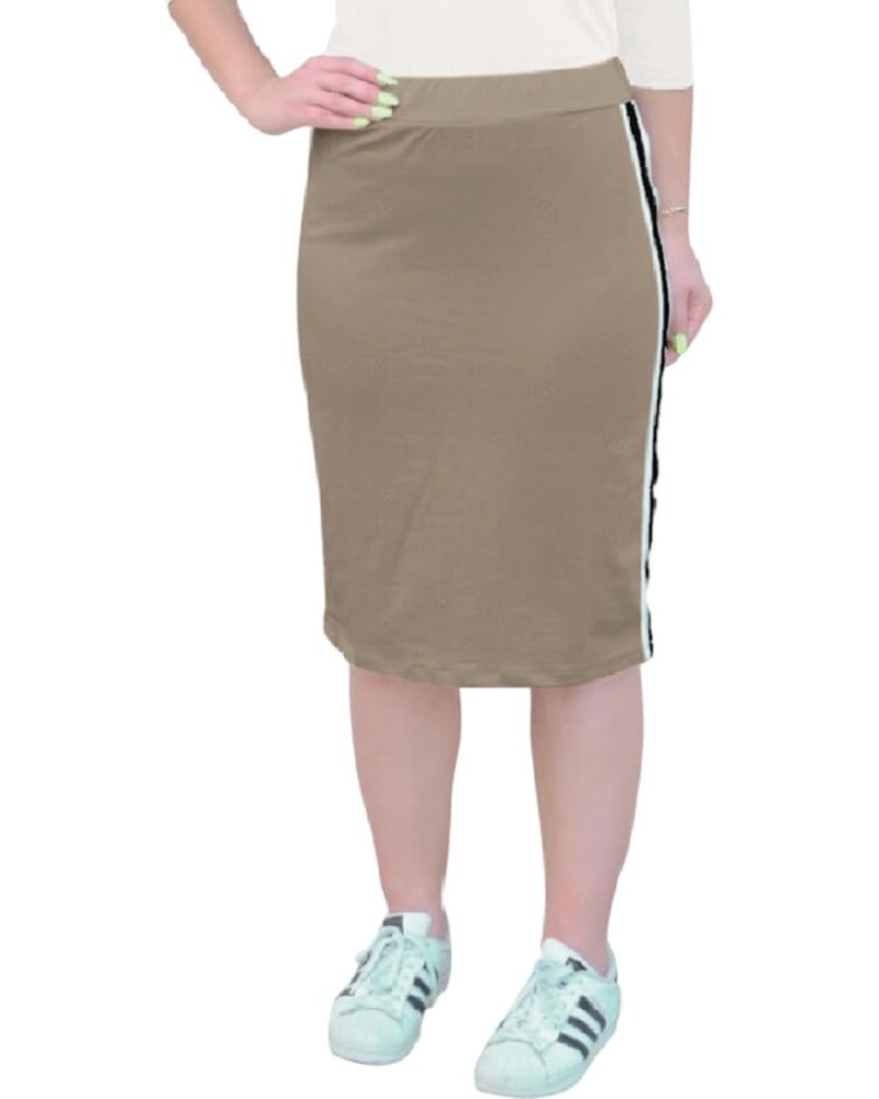 Women's Modest French Terry Cotton Spandex Knee Length Straight Skirt with Sports Striping Mocha $17.49 Skirts