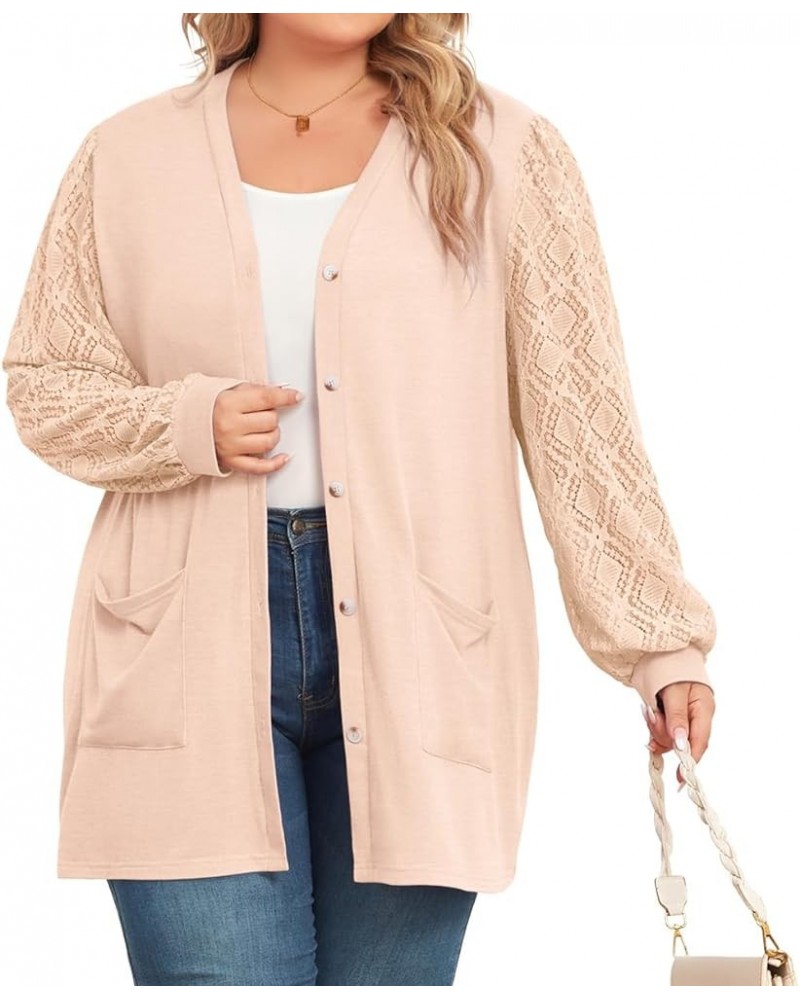 Women's Plus Size Cardigan Lightweight Lace Sleeve Button Down Open Front Knit Bolero Cardigan Long Sleeve Apricot $19.79 Swe...