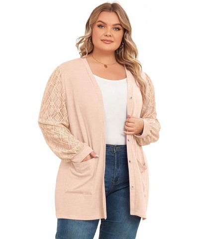 Women's Plus Size Cardigan Lightweight Lace Sleeve Button Down Open Front Knit Bolero Cardigan Long Sleeve Apricot $19.79 Swe...