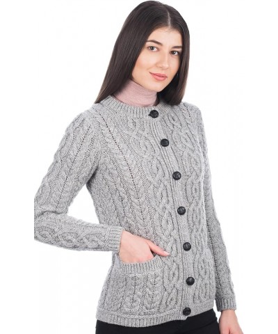 100% Merino Wool Ladies Irish Buttons Knit Cardigan Lumber Jacket with Pockets Grey $40.96 Sweaters