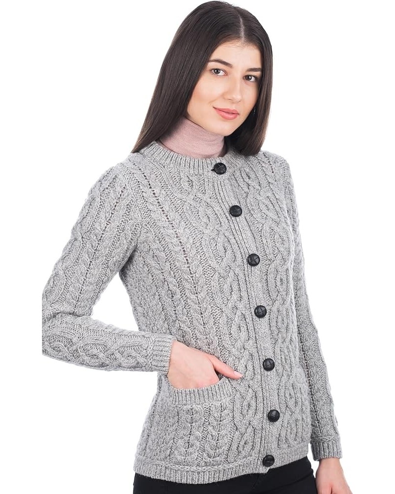 100% Merino Wool Ladies Irish Buttons Knit Cardigan Lumber Jacket with Pockets Grey $40.96 Sweaters