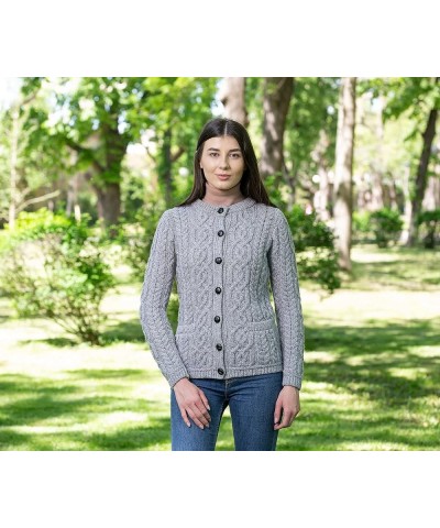 100% Merino Wool Ladies Irish Buttons Knit Cardigan Lumber Jacket with Pockets Grey $40.96 Sweaters