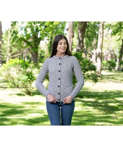 100% Merino Wool Ladies Irish Buttons Knit Cardigan Lumber Jacket with Pockets Grey $40.96 Sweaters