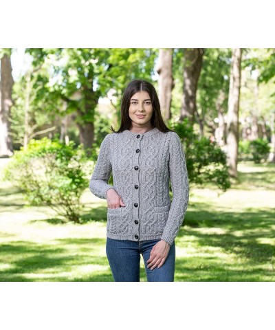 100% Merino Wool Ladies Irish Buttons Knit Cardigan Lumber Jacket with Pockets Grey $40.96 Sweaters