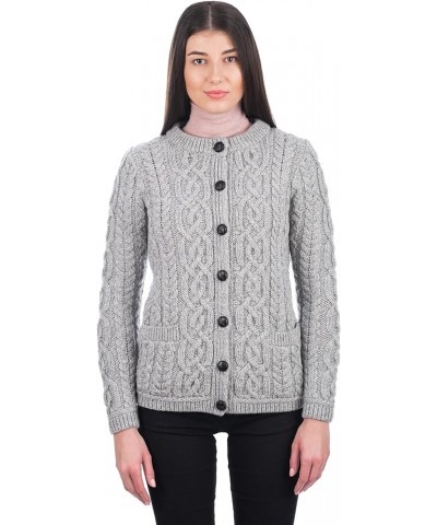 100% Merino Wool Ladies Irish Buttons Knit Cardigan Lumber Jacket with Pockets Grey $40.96 Sweaters