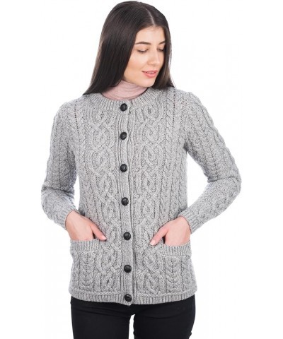 100% Merino Wool Ladies Irish Buttons Knit Cardigan Lumber Jacket with Pockets Grey $40.96 Sweaters