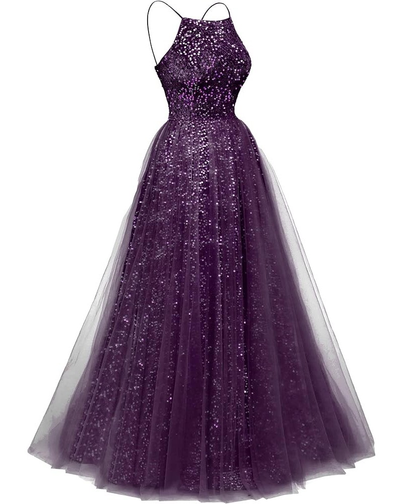 Sparkly Prom Dresses 2024 Long Tulle Sequin Evening Ball Gown Spaghetti Straps A Line Formal Dress for Women Grape $30.75 Dre...