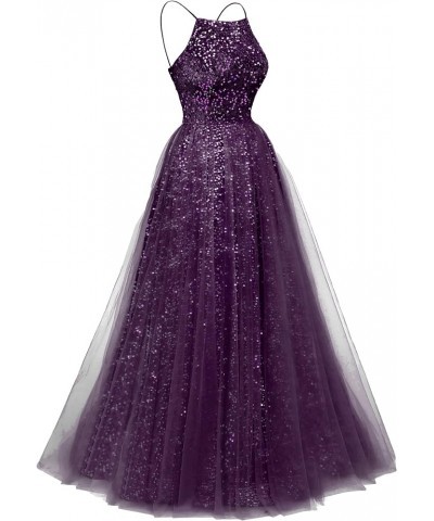 Sparkly Prom Dresses 2024 Long Tulle Sequin Evening Ball Gown Spaghetti Straps A Line Formal Dress for Women Grape $30.75 Dre...