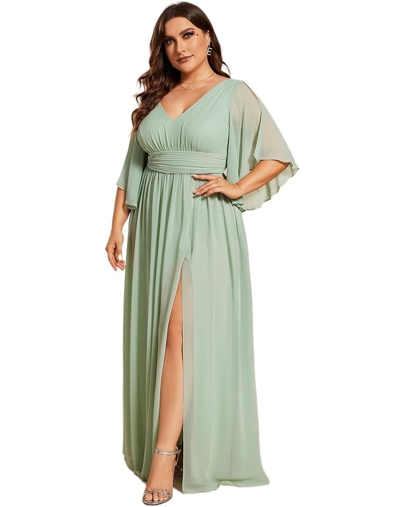 Women's Plus Size V Neck Half Sleeves Slit A Line Floor Length Bridesmaid Dress 01886-DA Mint Green $31.50 Dresses