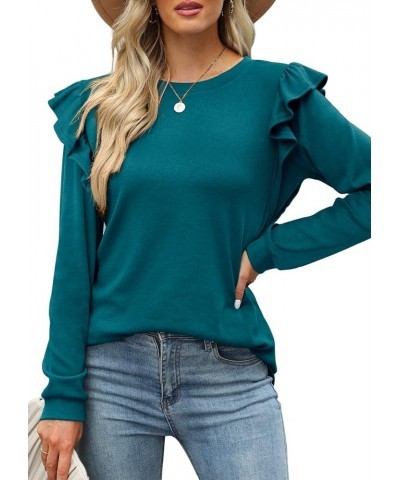 Long Sleeve Shirts for Women Casual Crewneck Ruffle Tops Loose Fit 5-pine Green $8.09 Tops