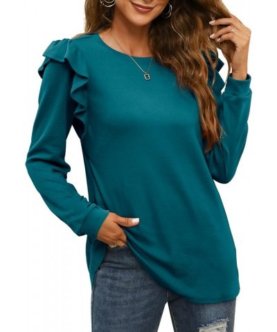 Long Sleeve Shirts for Women Casual Crewneck Ruffle Tops Loose Fit 5-pine Green $8.09 Tops