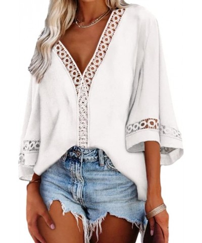 Women Fashion 3/4 Bell Sleeve V Neck Shirt Lace Patchwork Casual Loose Shirt Tops White $10.59 Blouses