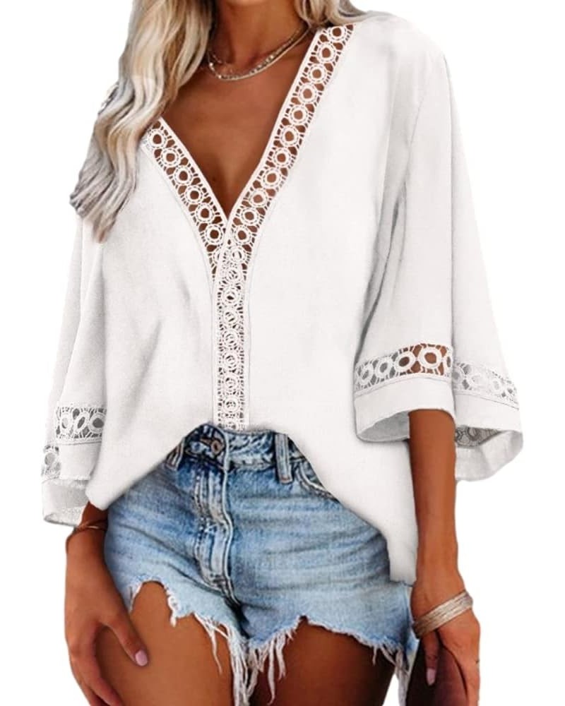 Women Fashion 3/4 Bell Sleeve V Neck Shirt Lace Patchwork Casual Loose Shirt Tops White $10.59 Blouses