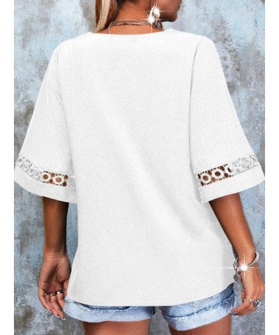 Women Fashion 3/4 Bell Sleeve V Neck Shirt Lace Patchwork Casual Loose Shirt Tops White $10.59 Blouses