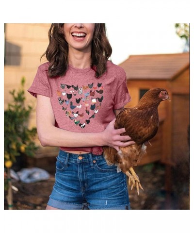 Chicken Shirt Women Funny Chicken Lovers T Shirt Egg Dealer Tee Tops Farm Country Graphic Short Sleeve Tee Pink $12.87 T-Shirts