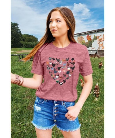 Chicken Shirt Women Funny Chicken Lovers T Shirt Egg Dealer Tee Tops Farm Country Graphic Short Sleeve Tee Pink $12.87 T-Shirts