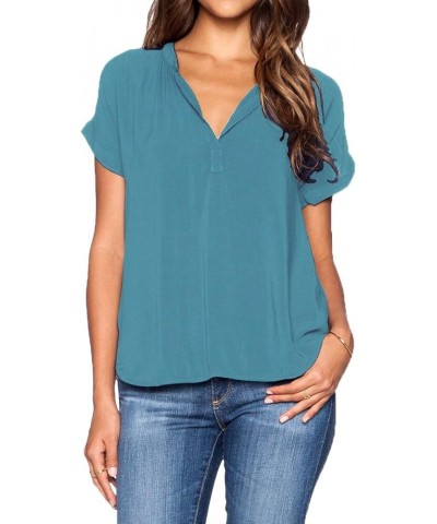 Women Chiffon Blouse V Neck Short Sleeve Top Shirts Blue $7.17 Blouses