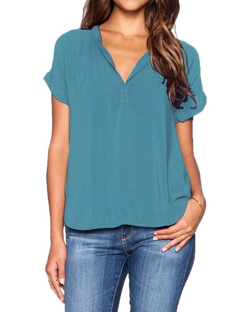 Women Chiffon Blouse V Neck Short Sleeve Top Shirts Blue $7.17 Blouses