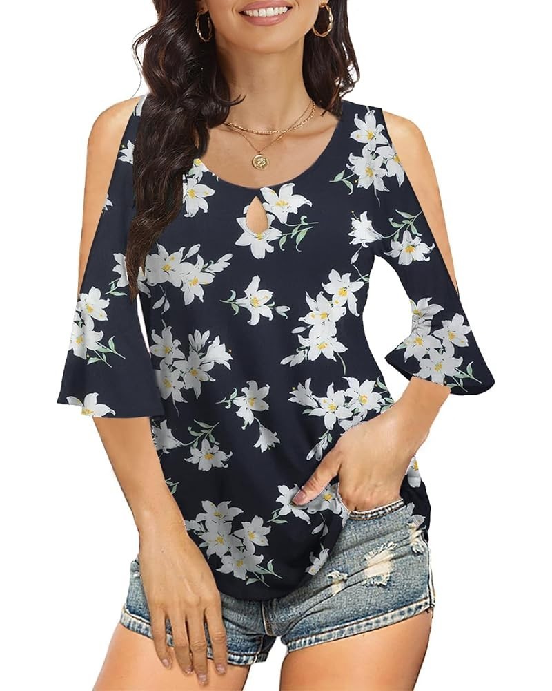 Womens Summer Cold Shoulder Tops Sexy Casual 3/4 Bell Ruffle Sleeve T Shirts Cute Blouse Z Floral Print $11.25 Blouses