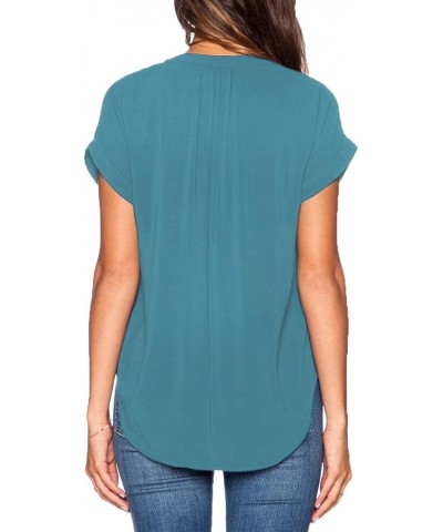 Women Chiffon Blouse V Neck Short Sleeve Top Shirts Blue $7.17 Blouses