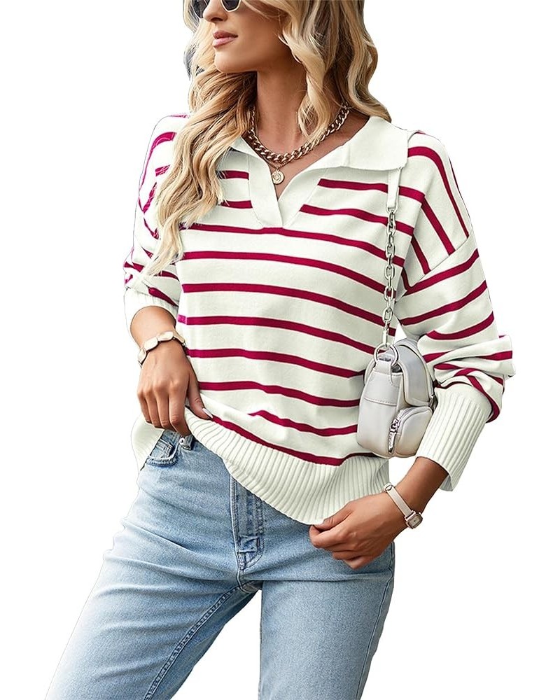 Women's Long Sleeve Striped Print Sweater Lapel V Neck Loose Fit Ribbed Knit Pullover Jumper Tops Wine Red $12.42 Sweaters