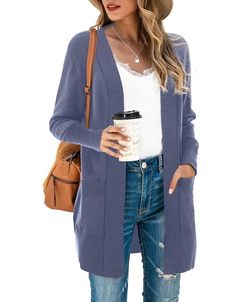 Women's Open Front Casual Long Sleeve Knit Classic Sweaters Cardigan with Pockets A-13- Purple Gray $13.20 Sweaters