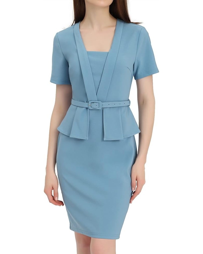 Women's Vintage Belt V-Neck Faux Two Piece Slim Casual Short Sleeve Office Dress Grey-blue $19.35 Dresses