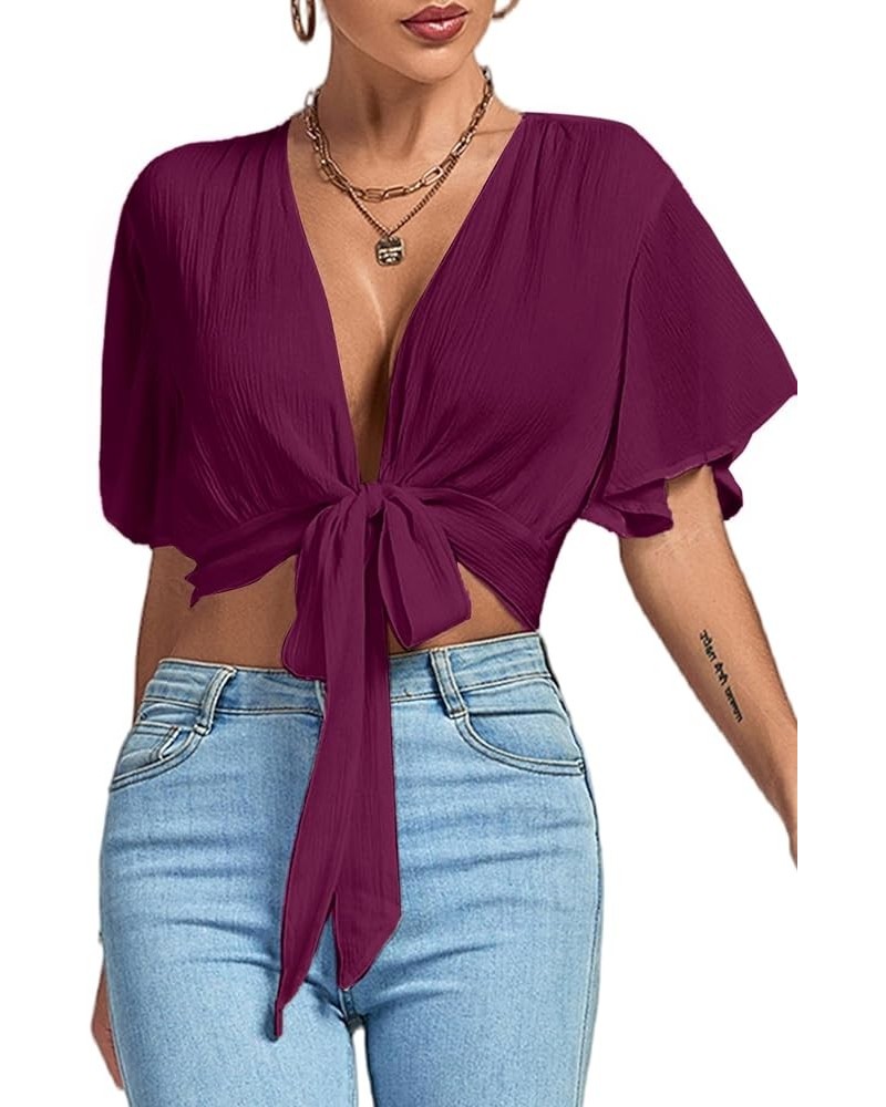 Women's Deep V Neck Tie Front Knot Wrap Ruffle Short Sleeeve Crop Top Blouse Dark Purple $11.60 Blouses