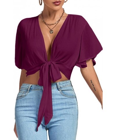 Women's Deep V Neck Tie Front Knot Wrap Ruffle Short Sleeeve Crop Top Blouse Dark Purple $11.60 Blouses