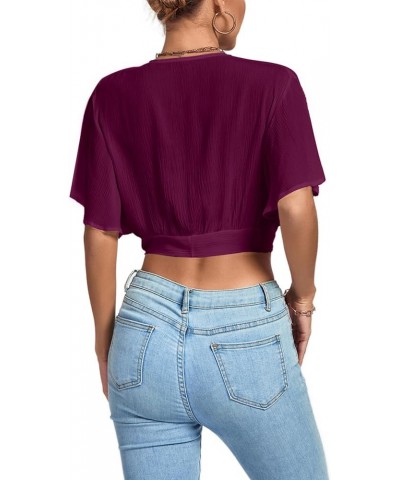 Women's Deep V Neck Tie Front Knot Wrap Ruffle Short Sleeeve Crop Top Blouse Dark Purple $11.60 Blouses