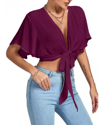 Women's Deep V Neck Tie Front Knot Wrap Ruffle Short Sleeeve Crop Top Blouse Dark Purple $11.60 Blouses