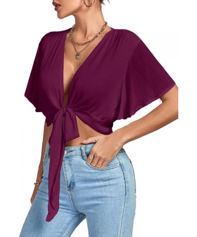 Women's Deep V Neck Tie Front Knot Wrap Ruffle Short Sleeeve Crop Top Blouse Dark Purple $11.60 Blouses