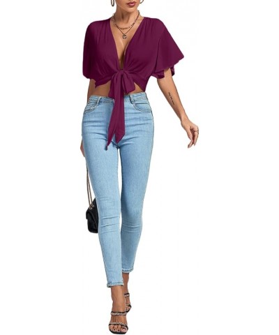 Women's Deep V Neck Tie Front Knot Wrap Ruffle Short Sleeeve Crop Top Blouse Dark Purple $11.60 Blouses