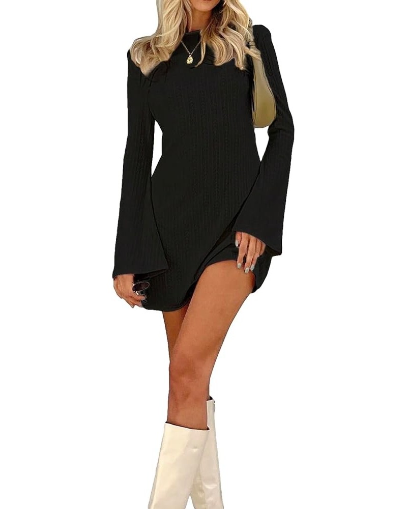 Women's Backless Round Neck Flare Long Sleeve Tie Back Knitted Mini Dress Black $19.75 Dresses