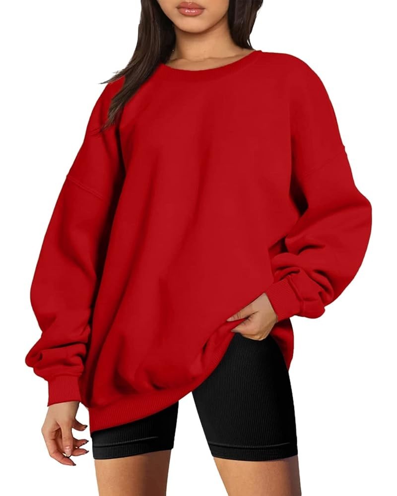 Women's Oversized Fleece Sweatshirts Long Sleeve Crew Neck Pullover Sweatshirt Casual Hoodie Tops Fit Jumper Top Red $6.95 Ho...