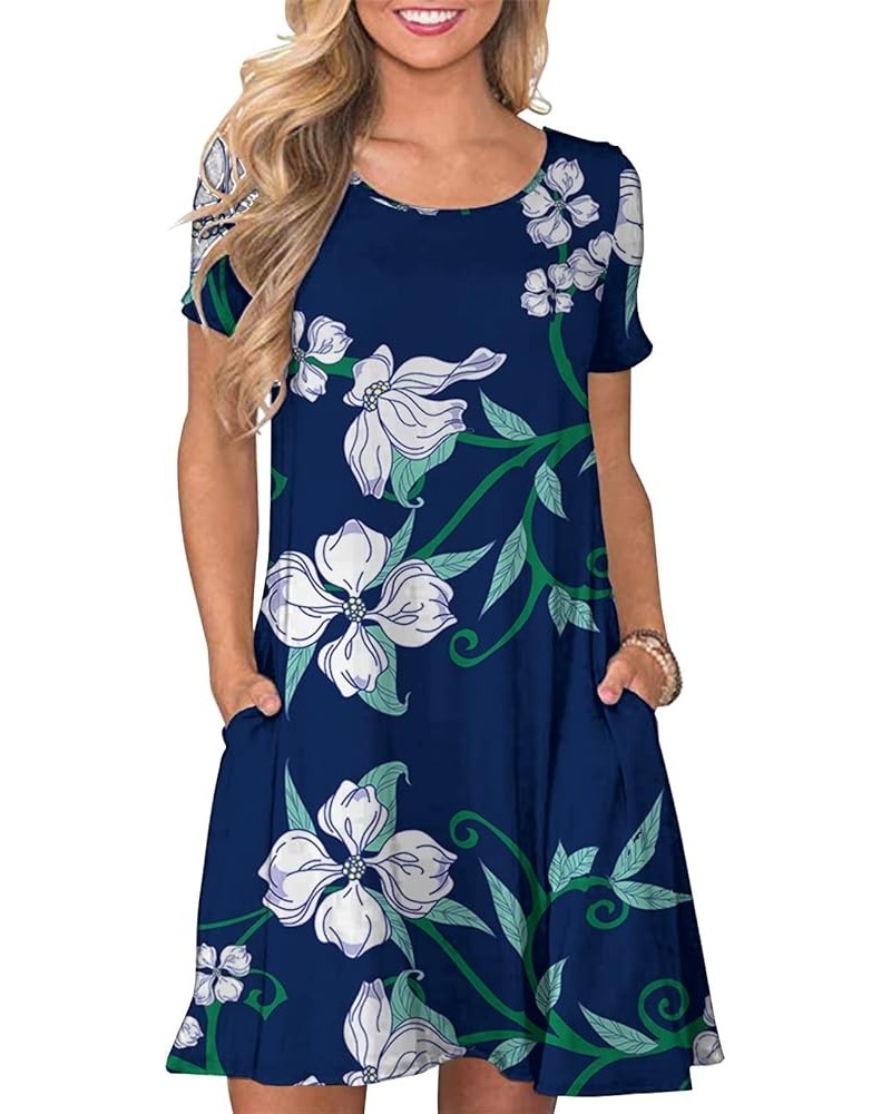 Women's Summer T Shirt Dresses Casual Beach Short Sleeve Swing Pockets Dresses Floral Navy Vine $13.51 Dresses